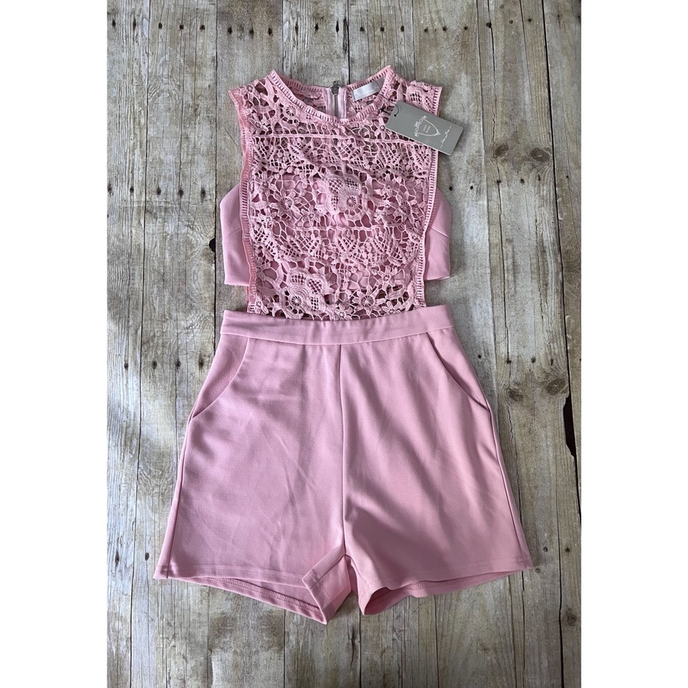 Lucy Wang Pink Crochet Detailed Romper